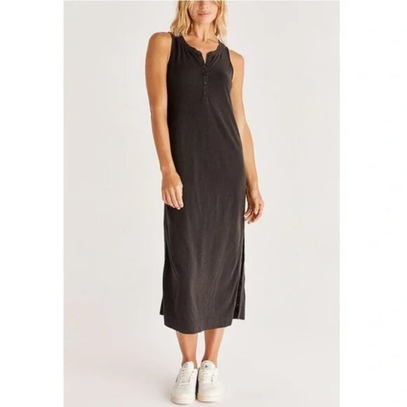 Z Supply Black Zelda Slub Sleeveless Henley Maxi Dress - Picture 1 of 5